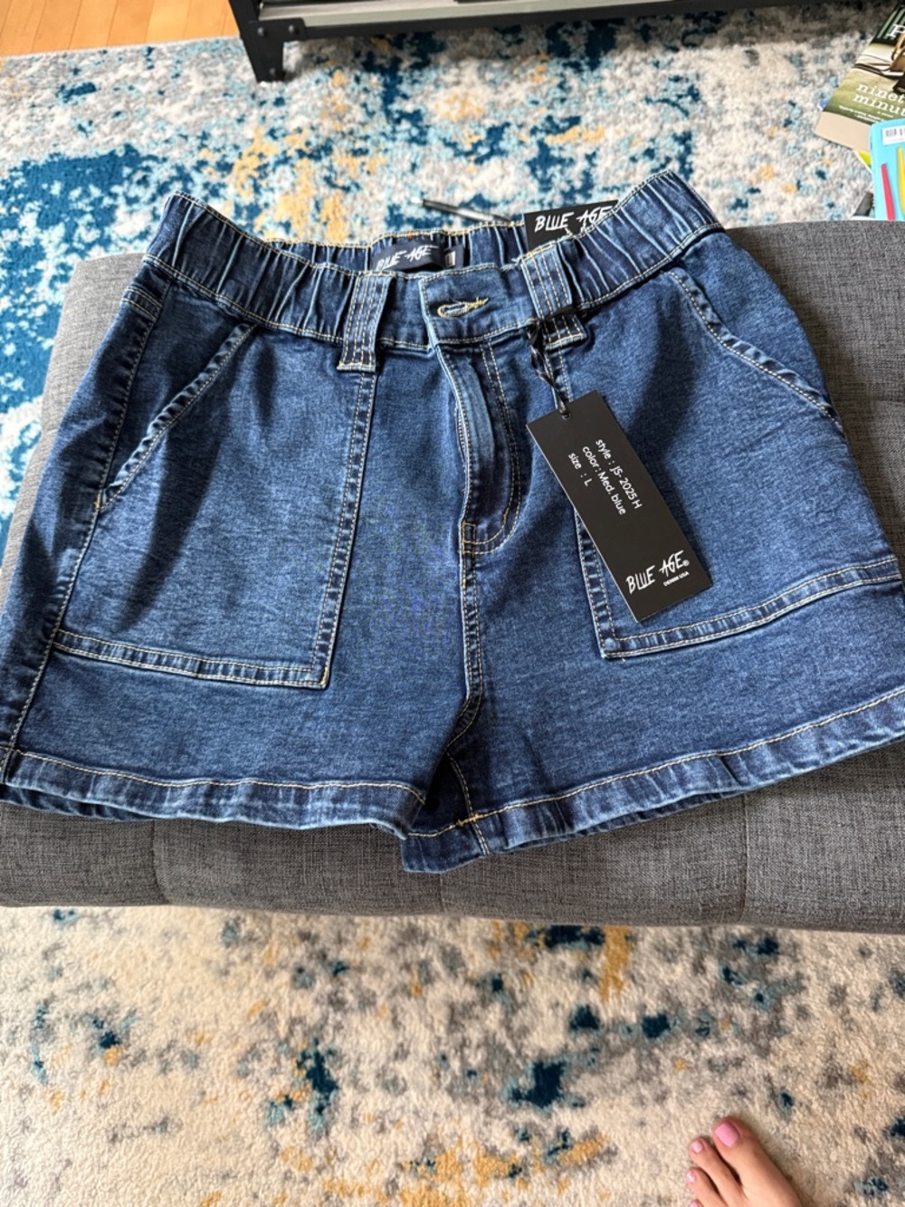 Women’s Dark Blue Denim Shorts - Casual Elastic Waist